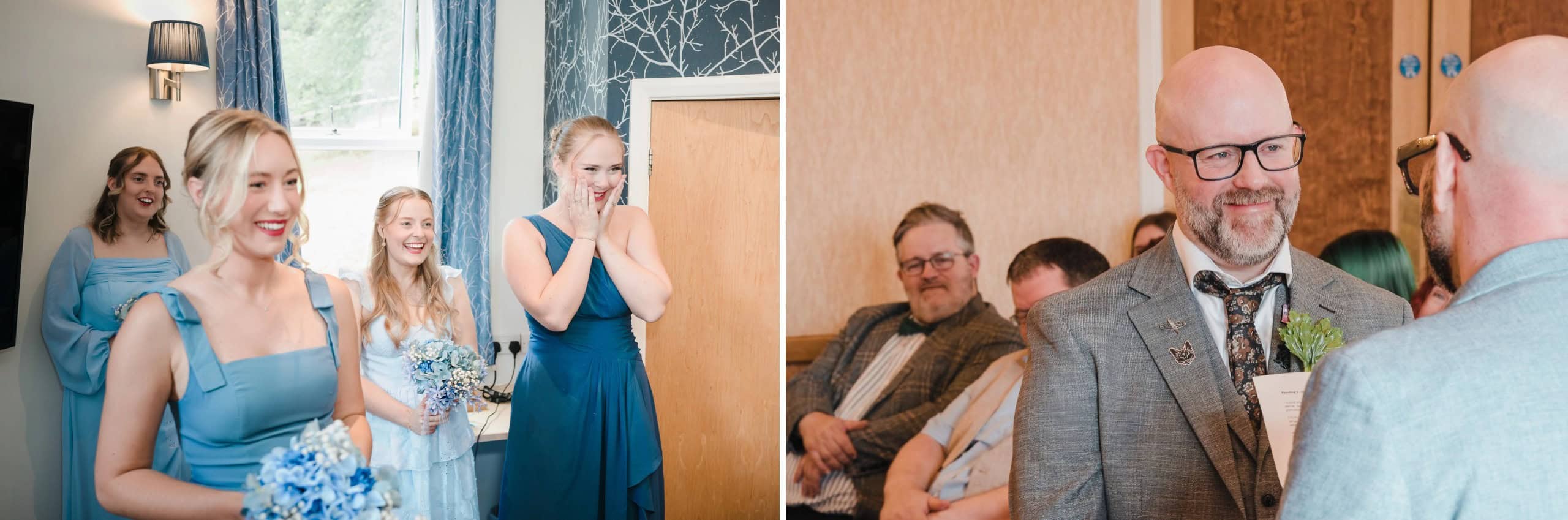 Bridesmaids reacting with joy and surprise as bride enters the getting-ready room. - Paul Phipps-Williams Photography