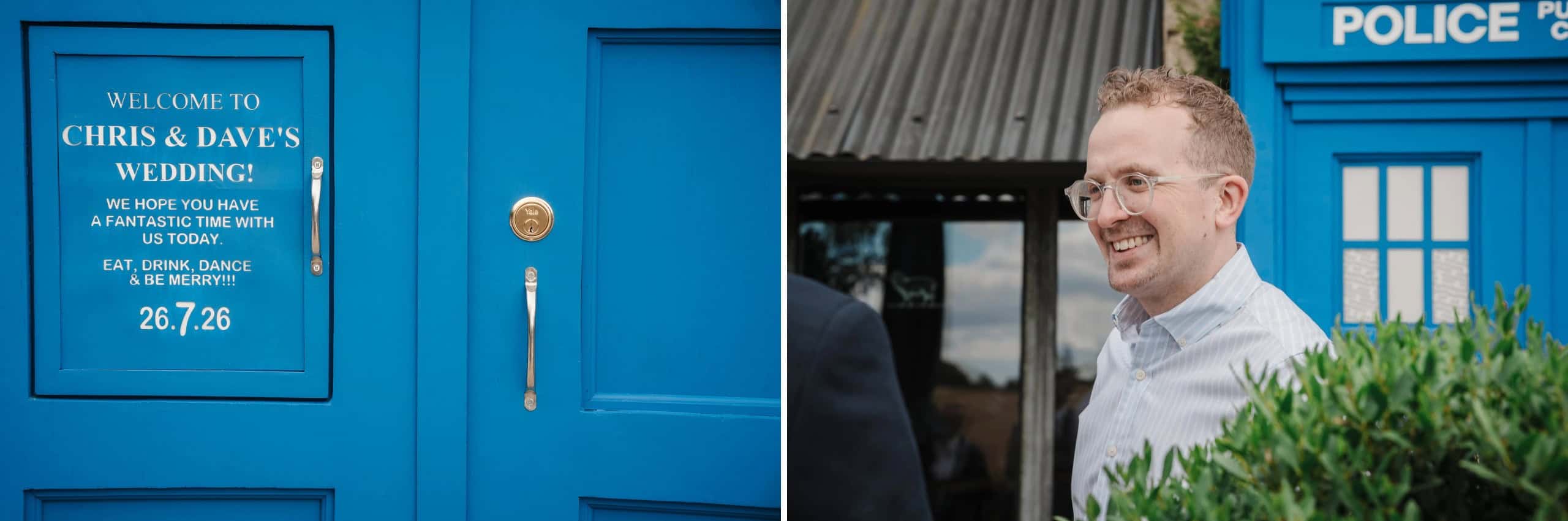 Bright blue wooden doors with a wedding welcome sign and decorative door handles displayed. — Wedding at Cripps Barn, Cirencester