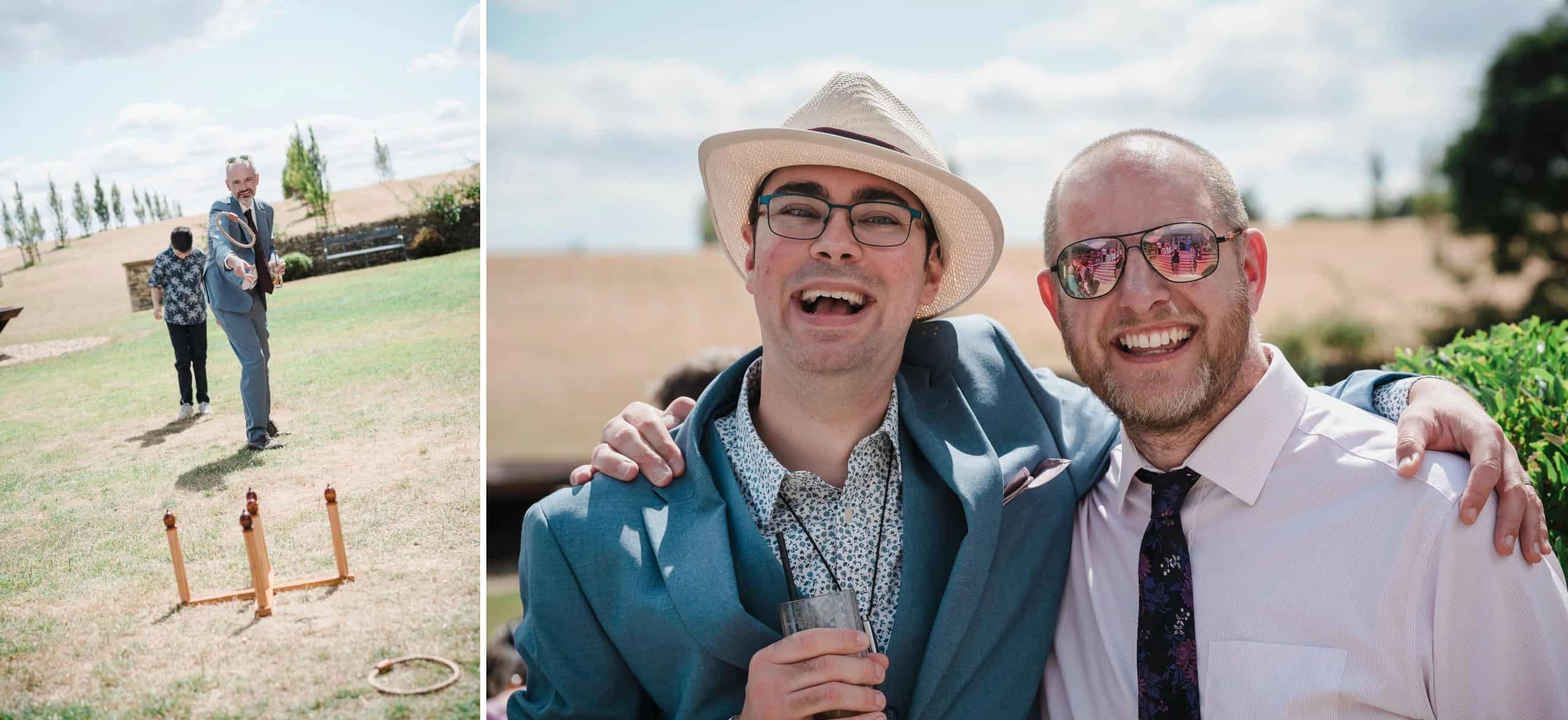 Man and child playing cornhole in a grassy field, tossing a ring toward wooden stakes. — Wedding at Cripps Barn, Cirencester