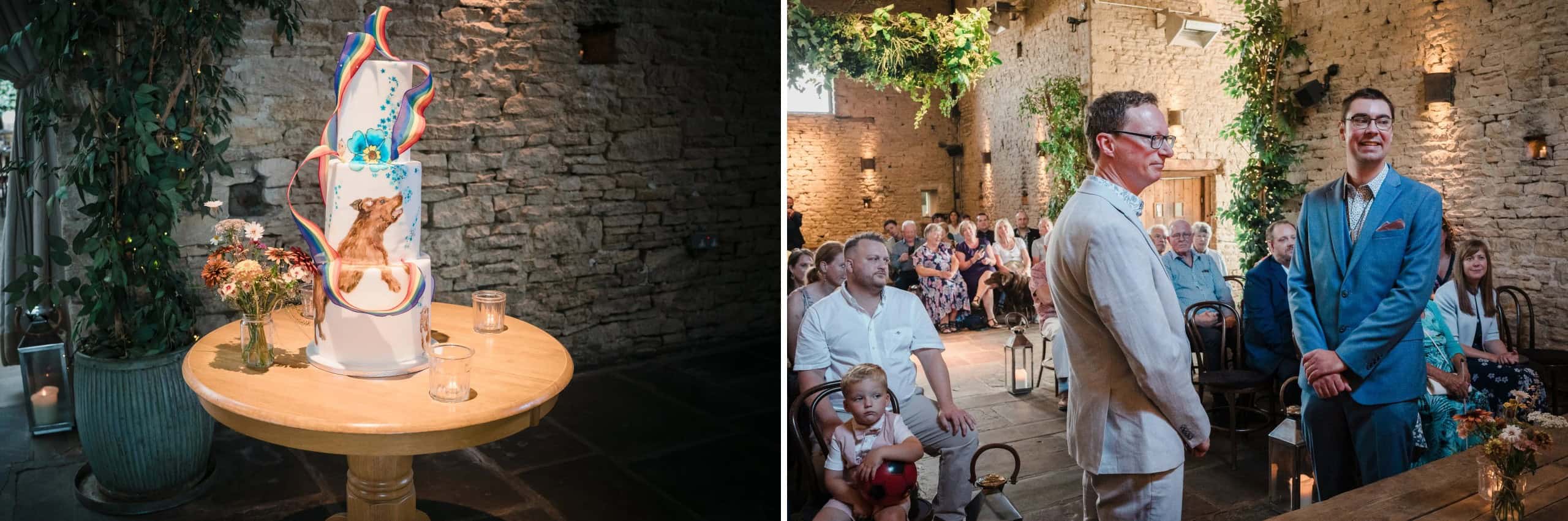 A tiered wedding cake with a golden dog figurine sits displayed on a round wooden table before the reception. — Wedding at Cripps Barn, Cirencester