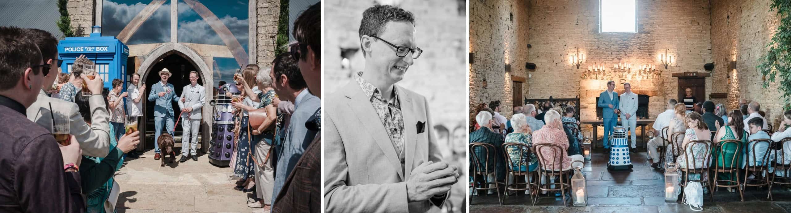 Two grooms exit a stone chapel as guests applaud and photograph them on their wedding day. — Wedding at Cripps Barn, Cirencester