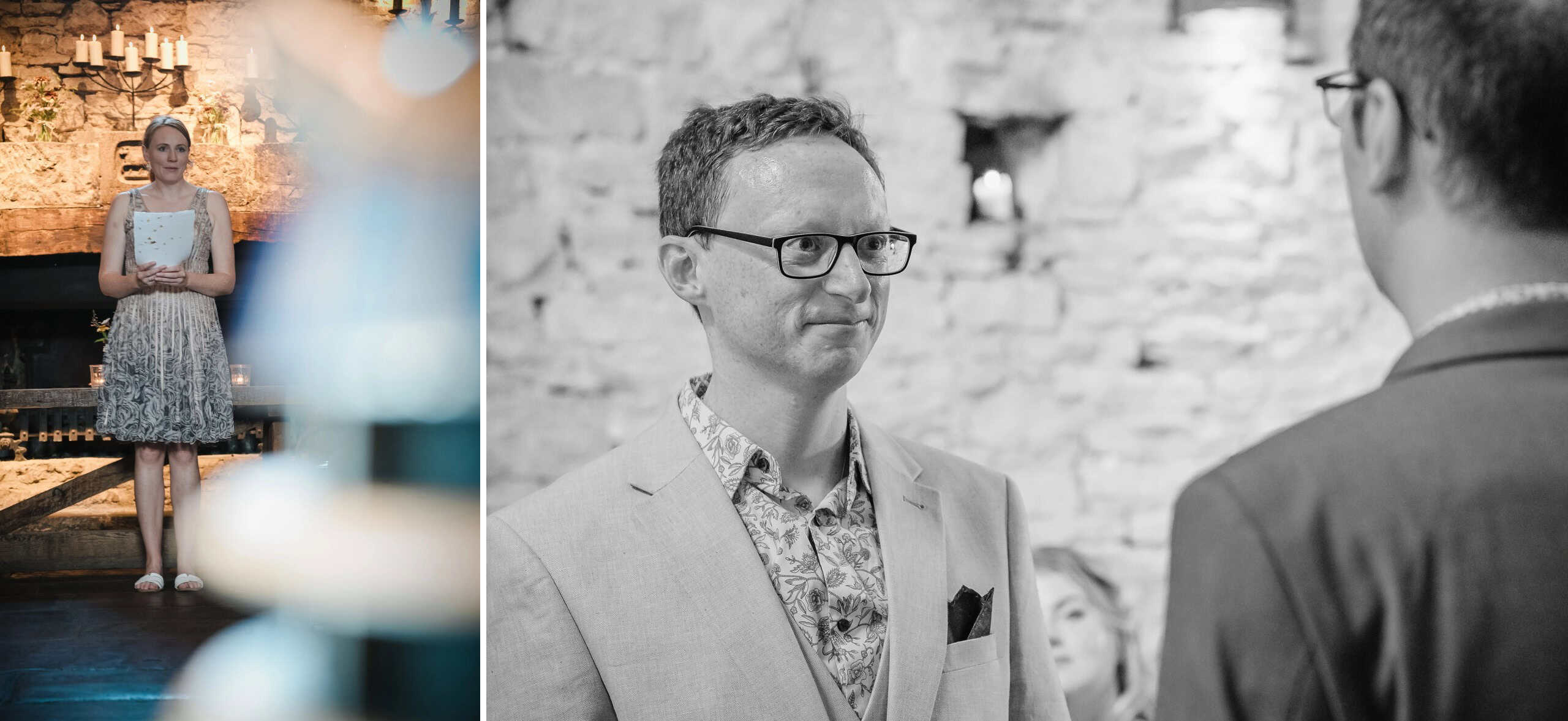 Woman standing alone in an elegant venue, holding a small object, facing the camera with a composed expression. — Wedding at Cripps Barn, Cirencester